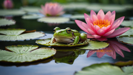 AI Generated. A green frog sits on a lily pad in a pond, with a pink water lily out of focus in the backgroundの素材