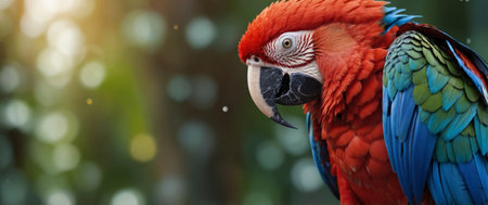 AI Generated. Close-up of a vibrant red and blue macaw parrot, its intense gaze and richly colored feathers highlighted by a bokeh background Bannerの素材