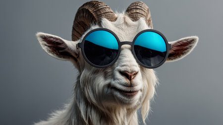AI Generated. goat listens to music with trendy sunglasses on a gray backgroundの素材