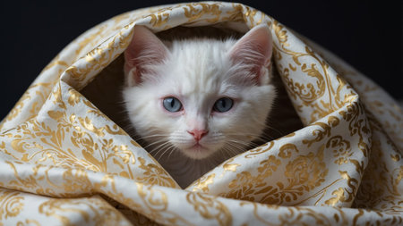 AI Generated. A white kitten is hiding under a blanketの素材