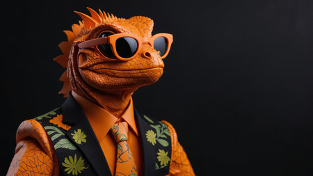 AI Generated. A humanoid lizard wearing a bright orange suit and sun glasses on black backgroundの素材