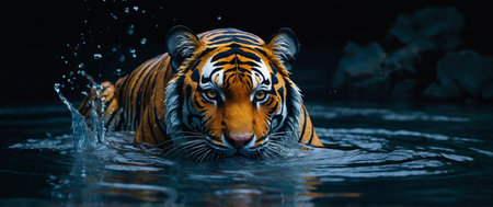 AI Generated. Tiger partly submerged in water, intense focus in its eyes, dark ambianceの素材