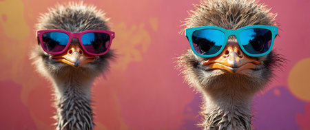AI Generated. Stylish ostrich with sunglasses on colorful backgroundの素材