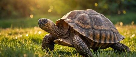 AI Generated. Giant Tortoise in Sunlit Meadow - A giant tortoise basks in the warm glow of the sun, surrounded by vibrant green grass and a soft, golden bokehの素材
