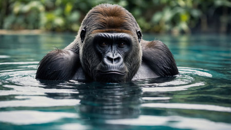 AI Generated. Gorilla swimming in water A close-up of a gorilla swimming in a clear pool of water, showcasing its powerful build and intense gazeの素材