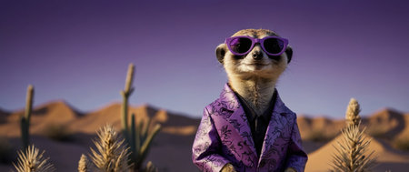 AI Generated. Meerkat with cool and dark sunglasses, purple backgroundの素材