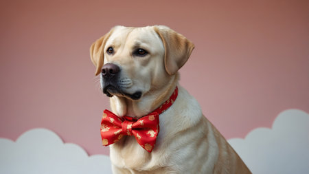AI Generated. cheerful Labrador wear bow tie on neck , clean bright background, free copy space on the rightの素材