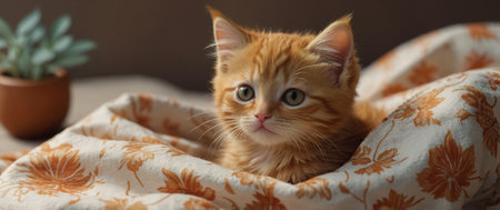 AI Generated. A cute ginger kitten is comfortably resting in a soft, fluffy blanket, looking cozy and adorableの素材