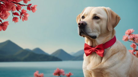 AI Generated. cheerful Labrador wear bow tie on neck , clean bright background, free copy space on the rightの素材