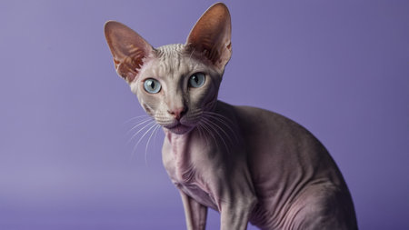 AI Generated. Peterbald cat displaying shock on a lavender blue background with copy space,の素材