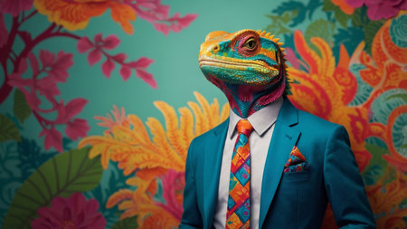 AI Generated. Lizard in a colorful suit and tie Vibrant colors Dressed and standing like a businessmanの素材
