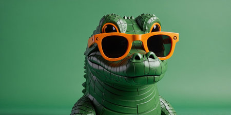 AI Generated. Cool alligator with orange sunglasses on a green backgroundの素材