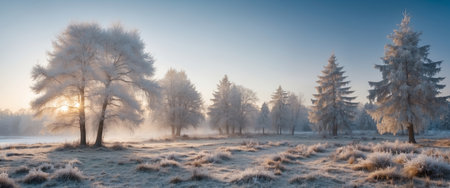 AI Generated. Beautiful natural landscape of the park in winter with coniferous and deciduous trees covered with hoarfrost and snow caps in morning light of rising sunの素材