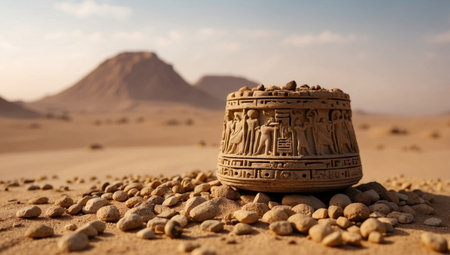 AI Generated. Ancient Egyptian Offering with Hieroglyphic Screws and Nuts on HighTechnology Desert Backgroundの素材