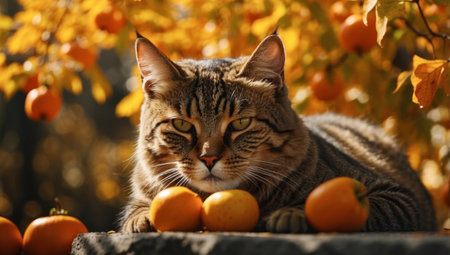 AI Generated. A Tabby Cat Finds Comfort in a Split Persimmon on a Golden Autumn Afternoonの素材