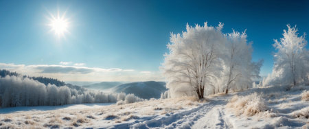 AI Generated. Beautiful winter natural snowy landscape Snow and forest with blue sky and shining sun Fluffy tree with hoarfrost in foreground Ultrawide formatの素材