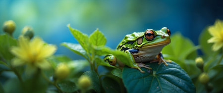AI Generated. A small green frog sits on a plant with flowers and looks at a blue backgroundの素材