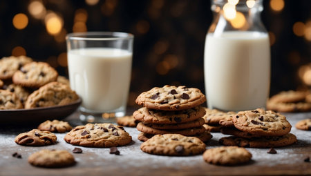 AI Generated. Cookies and milk copyspace and top view for backgroundの素材