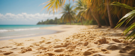 AI Generated. Beautiful background for summer vacation and travel Golden sand of tropical beach, blurry palm leaves and sea on sunny dayの素材