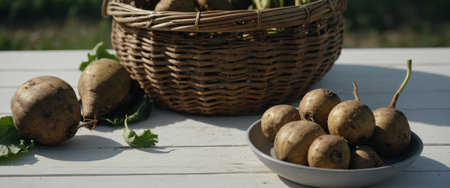 AI Generated. Basket with fresh sugar beets on white wooden table, closeupの素材