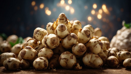 AI Generated. Jerusalem Artichokes Star in Gourmet Recipes Nutritious Brown and Nutty Root Vegetables Highlighted in Double Exposure Silhouetteの素材
