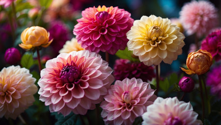 AI Generated. Colorful dahlia flowers close-up, floral backgroundの素材