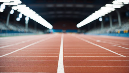 AI Generated. Running track with white lines in stadium Sport background Close up photoの素材