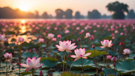 AI Generated. Serene Lotus Pond at Udon Thani Dawn A Colorful Floral Symphony in the Morning Lightの素材