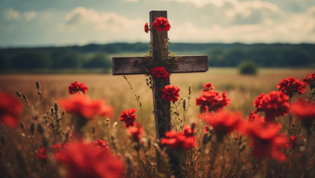 AI Generated. Cross with red flowers in the field, retro toned imageの素材