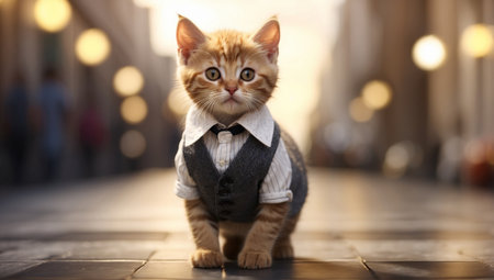 AI Generated. Elegant Kitten Radiating Confidence with a Stylish Strut in a D Clipart Styleの素材