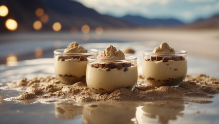 AI Generated. Quicksand Puddings A Dessert Adventure in a HighTech Worldの素材