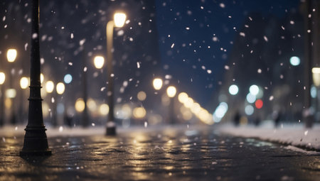 AI Generated. Softly Blurred Winter Night A D Rendered Urban Scene of Falling Snowflakes Under Street Lampsの素材