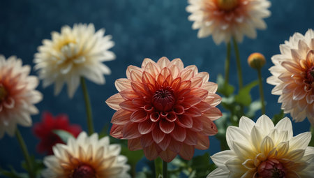 AI Generated. Colorful red and white dahlia flowers on blue background Close upの素材