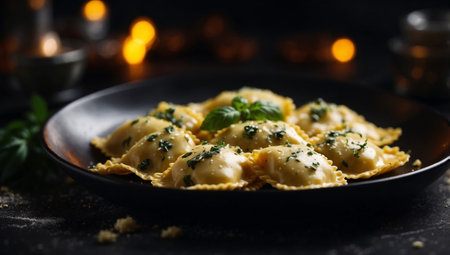 AI Generated. Ravioli pasta on a black plate on dark table, top view angleの素材