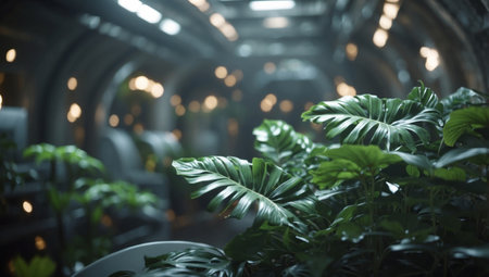AI Generated. Space Age Tropical Leaves Bask in the Cool Light of a Futuristic Space Stationの素材