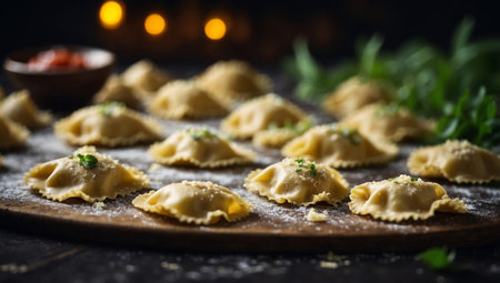AI Generated. Raw ravioli pasta on a dark table, top view angleの素材