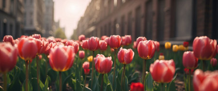 AI Generated. City landscape with blooming tulips in springの素材