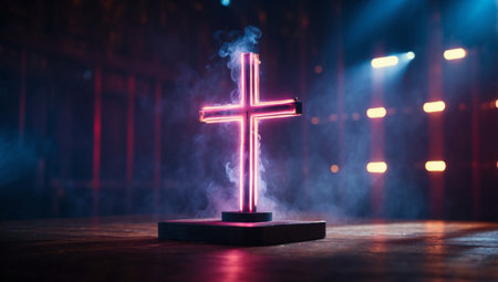 AI Generated. Glowing neon cross on stage with smoke and rays of lightの素材