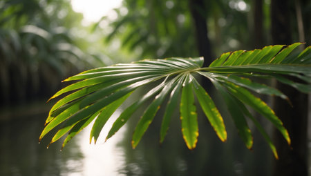 AI Generated. Timelapse of a Capturing a Smooth Palm Leafs Reflective Surfaceの素材