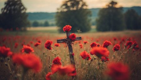 AI Generated. Cross with red flowers in the field, retro toned imageの素材