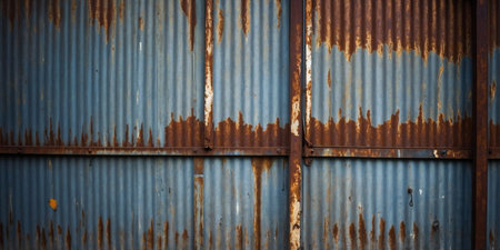 AI Generated. A corrugated iron wall with a rusted finish and a strong visual impactの素材