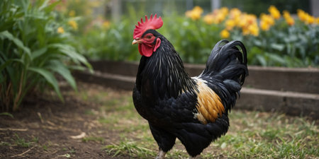AI Generated. Black yellow fishnet chicken rooster Wyandotte in a farm gardenの素材
