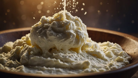 AI Generated. Flour being sprinkled over bowl of mashed potatoesの素材