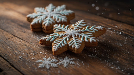 AI Generated. Chrisn'ttmas cookies in the form of snowflakes on a wooden backgroundの素材