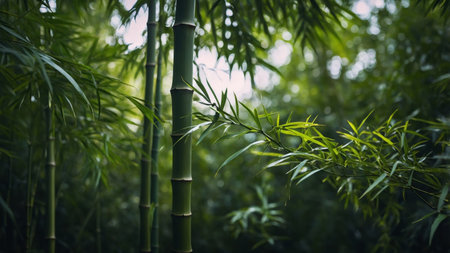 AI Generated. Stylized bamboo leaves, vibrant greens, flat design, clean linesの素材