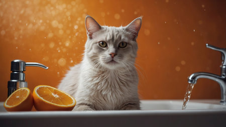AI Generated. Cute cat using tools for bathing animals, hygiene on an orange backgroundの素材