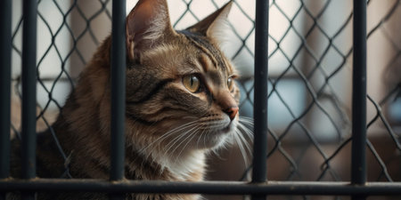 AI Generated. The muzzle of a sad cat is visible through the bars of the pet shelterの素材
