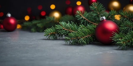 AI Generated. christmas background with decorated red xmas balls and green twigsの素材