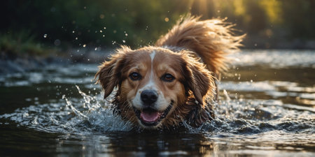 AI Generated. happy dog splash in a river with sunlightの素材