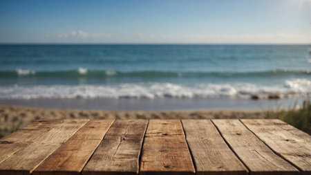 AI Generated. Empty wooden table using blurred sunny beach backgroundの素材